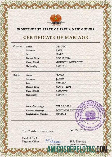 Realista modelo PSD de certidão de casamento de Papua Nova Guiné